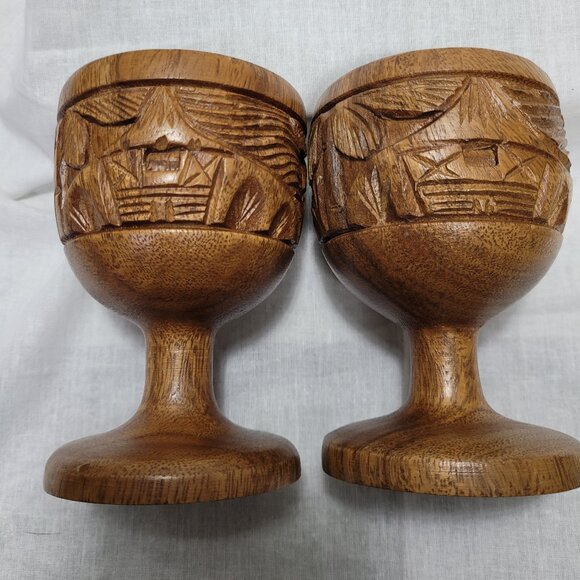 Vintage Lot Hawaiian Monkey Pod Wood Goblet's & bowls Tiki Hand Carved Artisan - Picture 13 of 14